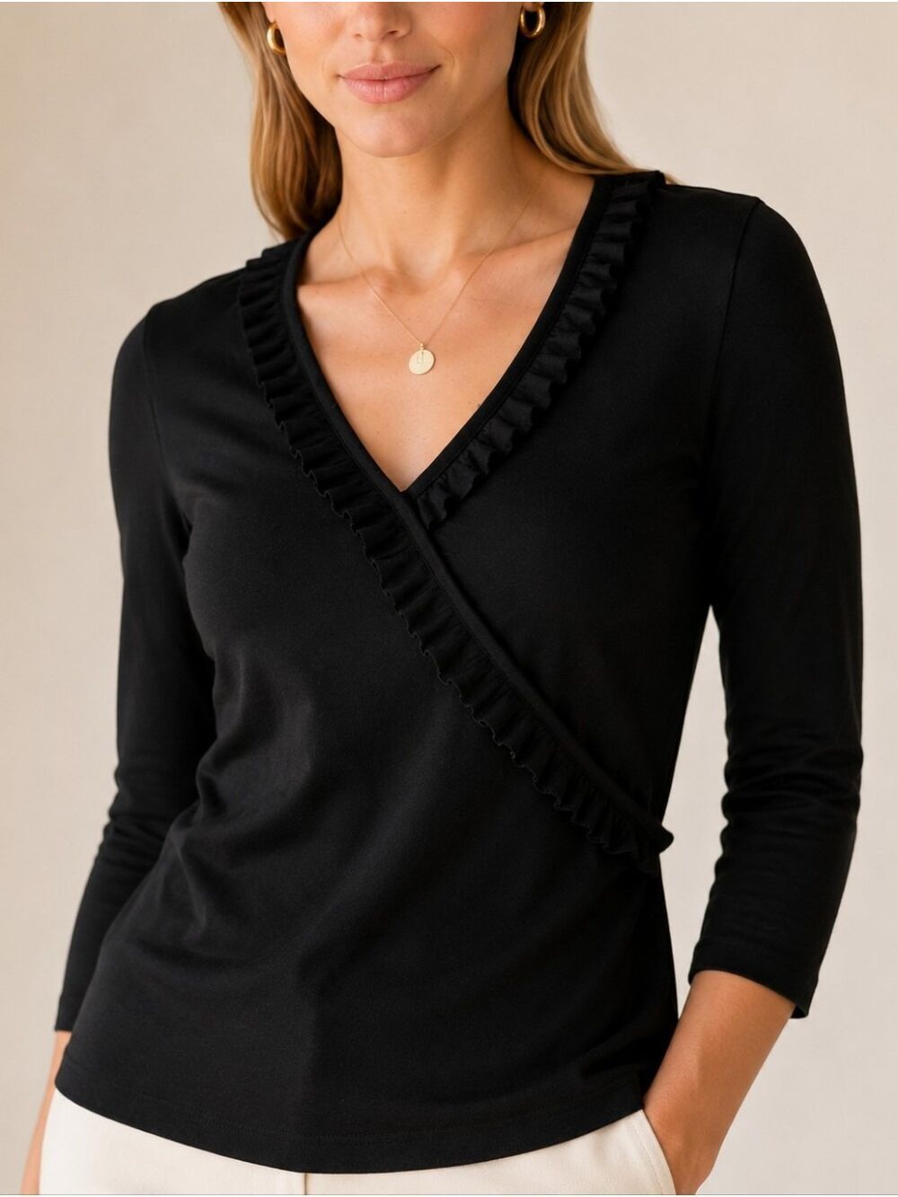 Banana Republic Black Ruffle Wrap V Neck Top XS